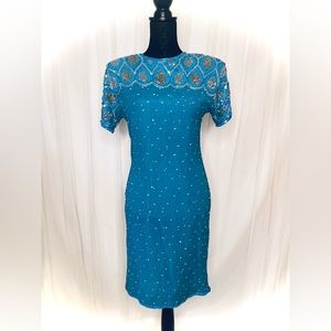 Vintage 80’s Sequined Aqua Sheath Dress; sz. S Cocktail Party Club